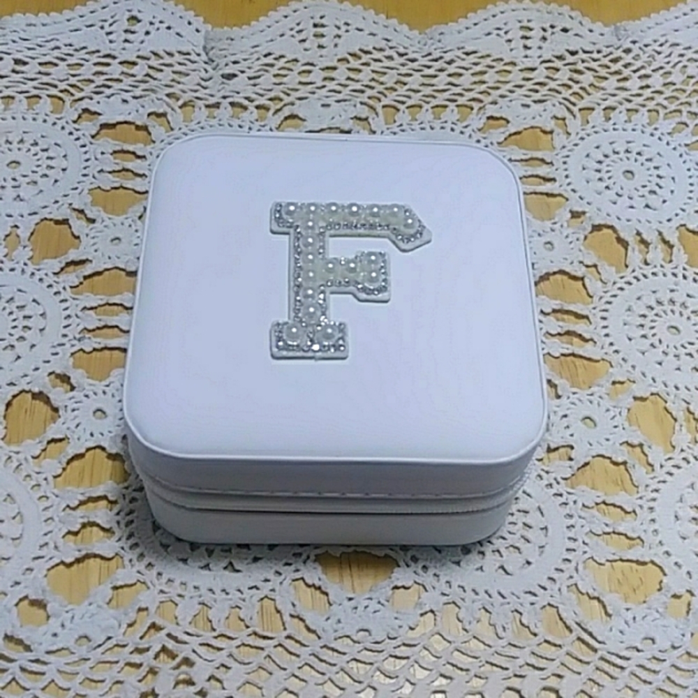 Mini jewelry box, zipper close, blinged with initial "F"